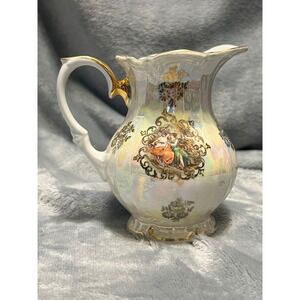 Kahla Germany Porcelain Pitcher‎ Creamer Iridescent Gold Trim Floral Scene GDR